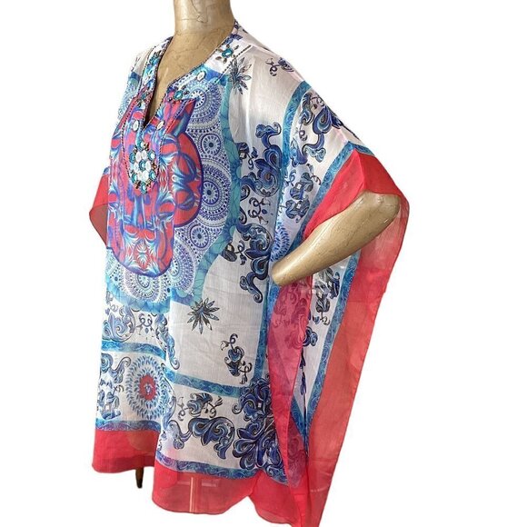 Colorful Sheer Poncho Kimono Kaftan Beach Cover-up Top Sz L by Kristals #253H - Picture 4 of 7